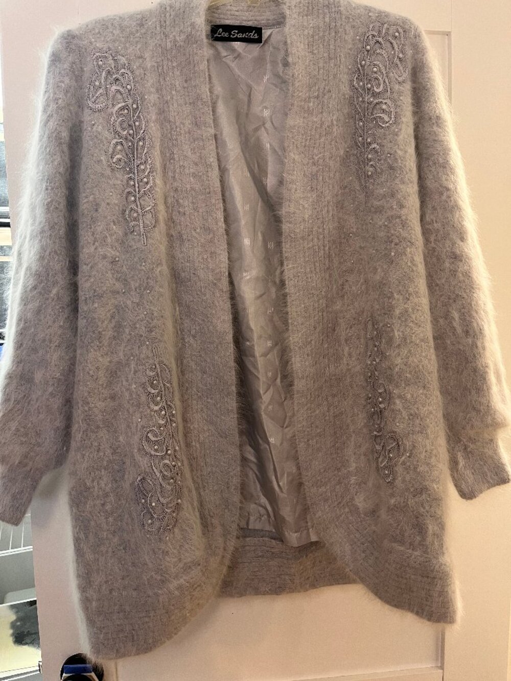 Vintage Lee Sands Angora Rabbit Hair Embroidered Pearl Cardigan Coat Gray